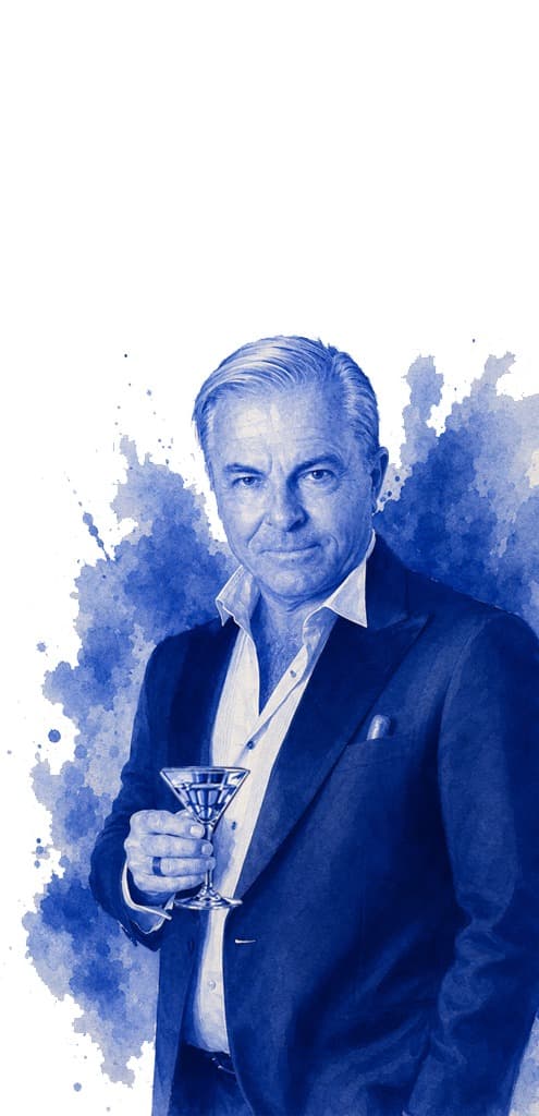 Watercolour portrait of Francesco holding a cocktail glass