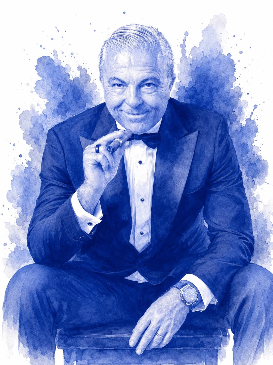 Watercolour portrait of Francesco in a tuxedo holding a cigar